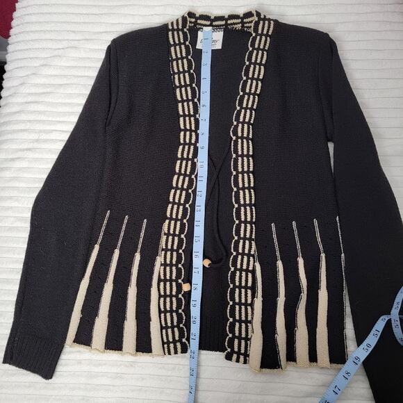 Destiny Milan London Cardigan S Black Cream Tie Front Long Sleeve Mod Knit Retro - Picture 6 of 7